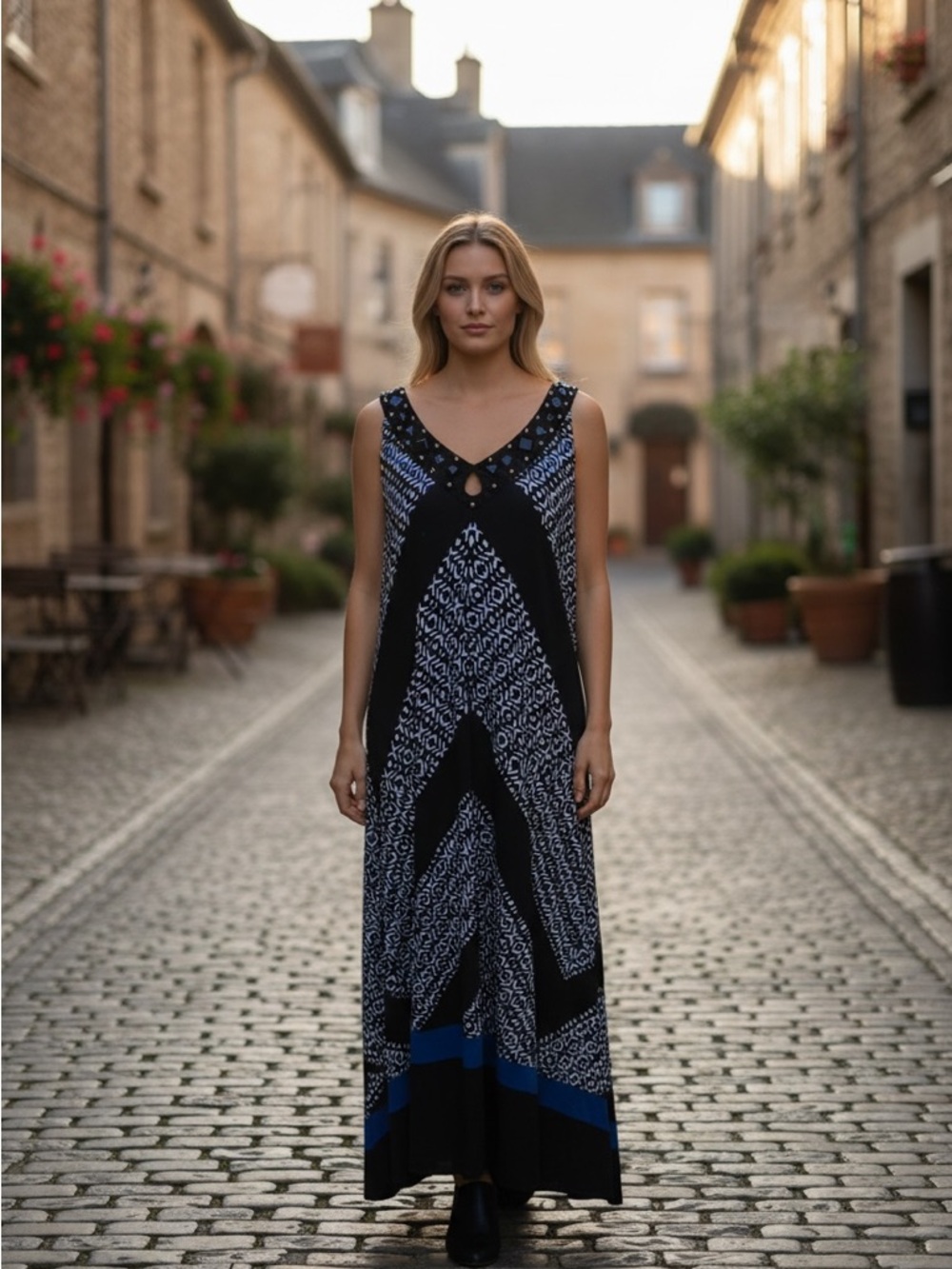 new directions Black, Blue & White Sleeveless Maxi Dress with Studded Neckline